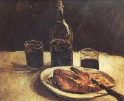 Vincent Van Gogh Still life with a Bottle,Two Glasses Cheese and Bread (nn04) oil painting